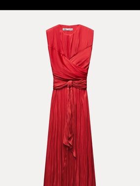 Zara Red Knotted Pleated Maxi Dress